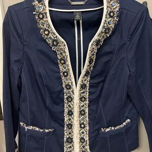 White House Black Market Navy Blazer with Embellished Trim